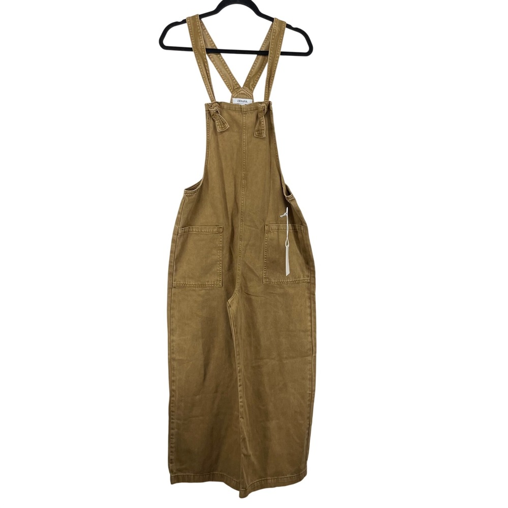 Zenana Size Medium Overalls Mustard Brown Wide Leg Tie Strap Jumpsuit Womens